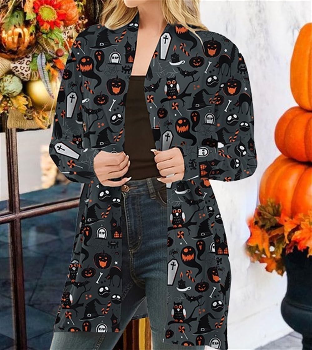 Women's Halloween Pumpkin Cat Print Knitting Cardigan Long Sleeve Open Front Knitted Sweater Outwear Coat Tops (Deep Gray - Image 3