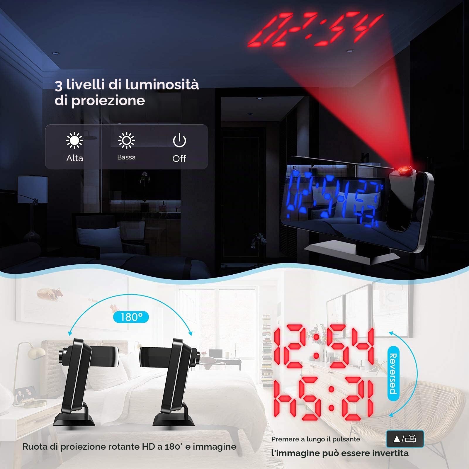 TAKRINK Sveglia con Proiettore da 7,5 Pollici Sveglia Radio Sveglia Digitale da Comodino con Proiettore con Rotazione di 180 ° Luminosità Regolabile con Temperatura Umidità e Uscita USB Ricarica