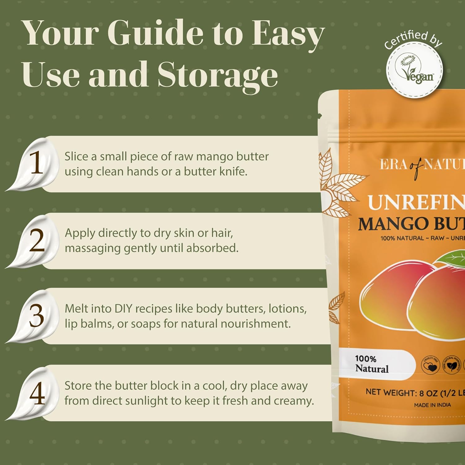 era of nature Organic Unrefined Raw Mango Body Butter Block 8oz - Moisturizing Mango Seed Raw Butter Bar for Skin & Hair, DIY Lip Balm Base, Cream, Soap & Lotion Making Supplies Kit, Personal Skincare - Image 6