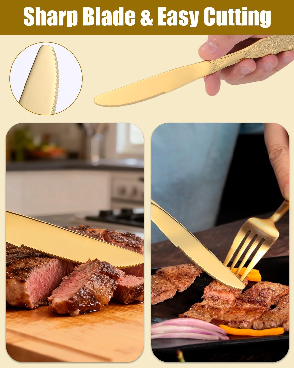 Set de Cubiertos 40 Piezas, Cubiertos Acero Inoxidable, Acabado Pulido Brillante, Juego de Cubertería con Cuchillo, Tenedor, Cuchara, Apto para Lavavajillas,Dorado