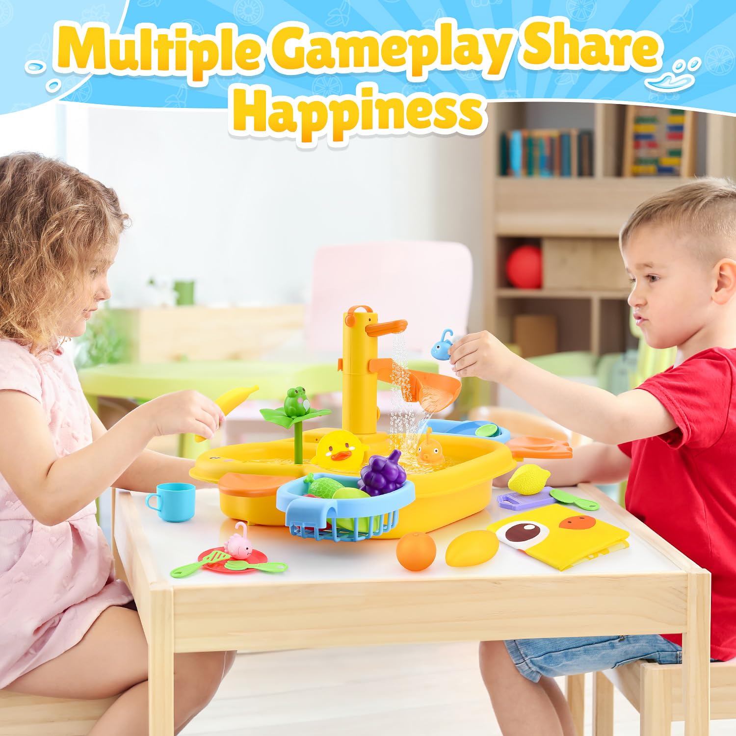 Play Sink with Running Water - Kitchen Kids Sink Toys with Fishing Game Toys for Floating Pool Water Play, Upgraded Electric Faucet & Water Slide Pretend Play Toys Kids Role Play Dishwasher Toy