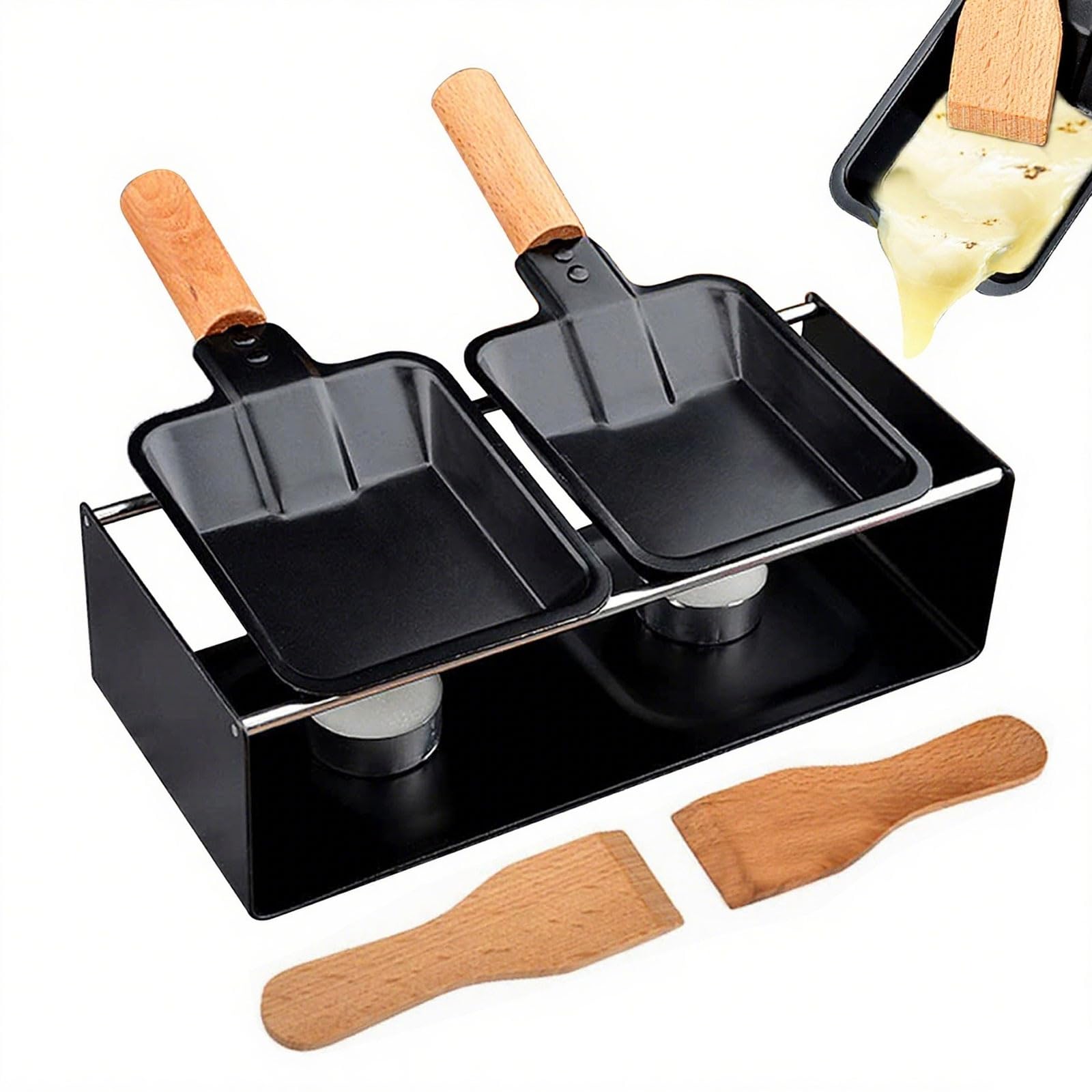 Griglia per formaggio a doppia piastra, raclette in acciaio inox con candele, mini padella antiaderente per formaggio, carne, pesce e verdure