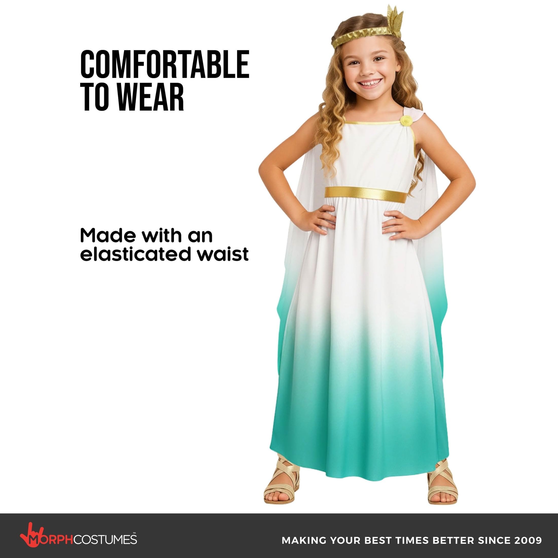 Morph Teal Greek Goddess Costume Girls, Greek Goddess Halloween Costumes for Girls Ombre Toga Costume Kids 7-9 Years - Image 3