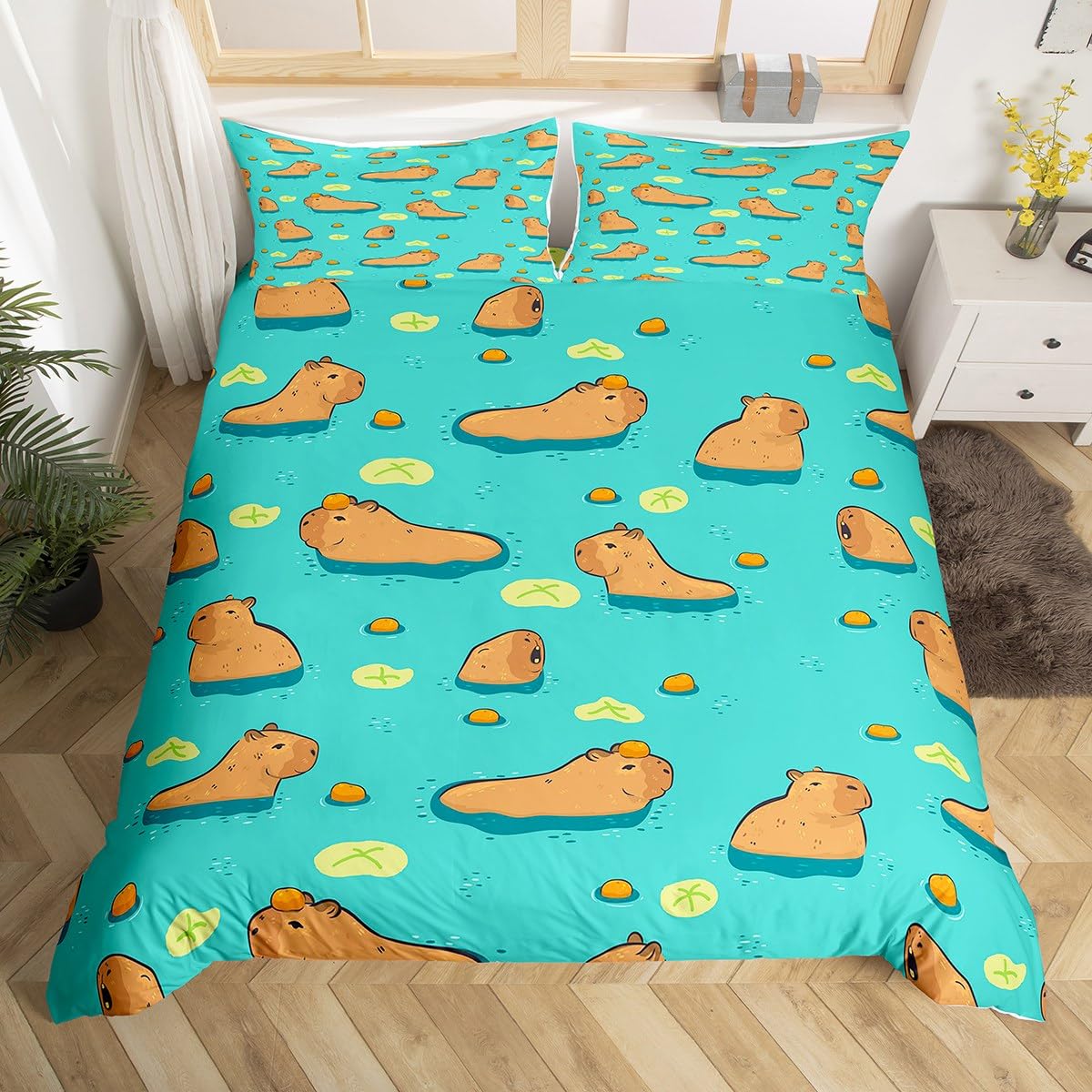 Homewish Kids Capybara Duvet Cover Double, Brown Capybaras Bassuper King Bedding Set Funny Rodent Animal Comforter Cover for Boys Girls Animal Lovers, Cute Capybara Botanical Lotus Bed Cover 3 Pieces — image 1
