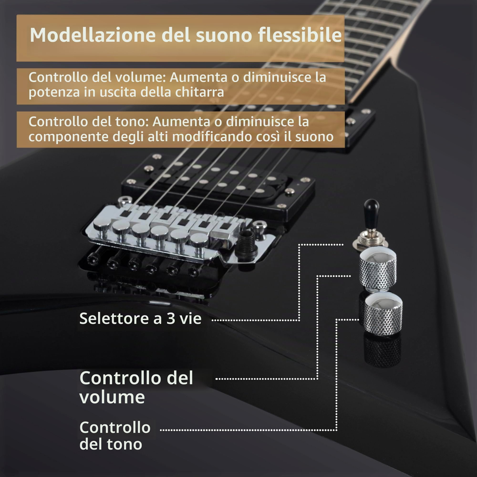Rocktile MG-3013 Blade Chitarra Elettrica - Serie Heavy a 6 corde con corpo in tiglio, manico in acero, 2 Humbucker, FR-Style Tremolo, 22 tasti, scala 25,5" Mensur, cavo e accessori - Black