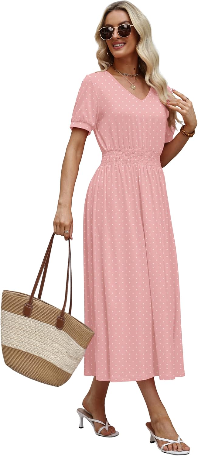 OFEEFAN Maxi Dresses for Women V Neck Ladies Midi Long Dress A Line Smocked Waisted Casual Summer Spring Clothes Boho Beach thumbnail
