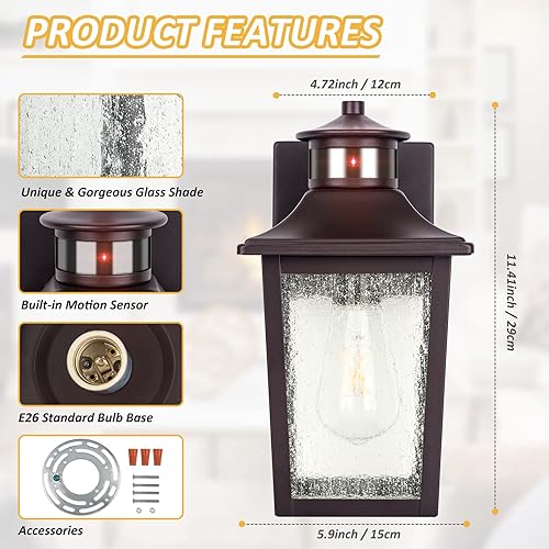 Miniatura 5 de Luces exteriores con sensor de movimiento de bronce aceitado, iluminación exterior del anochecer al amanecer, lámpara exterior marrón para garaje,