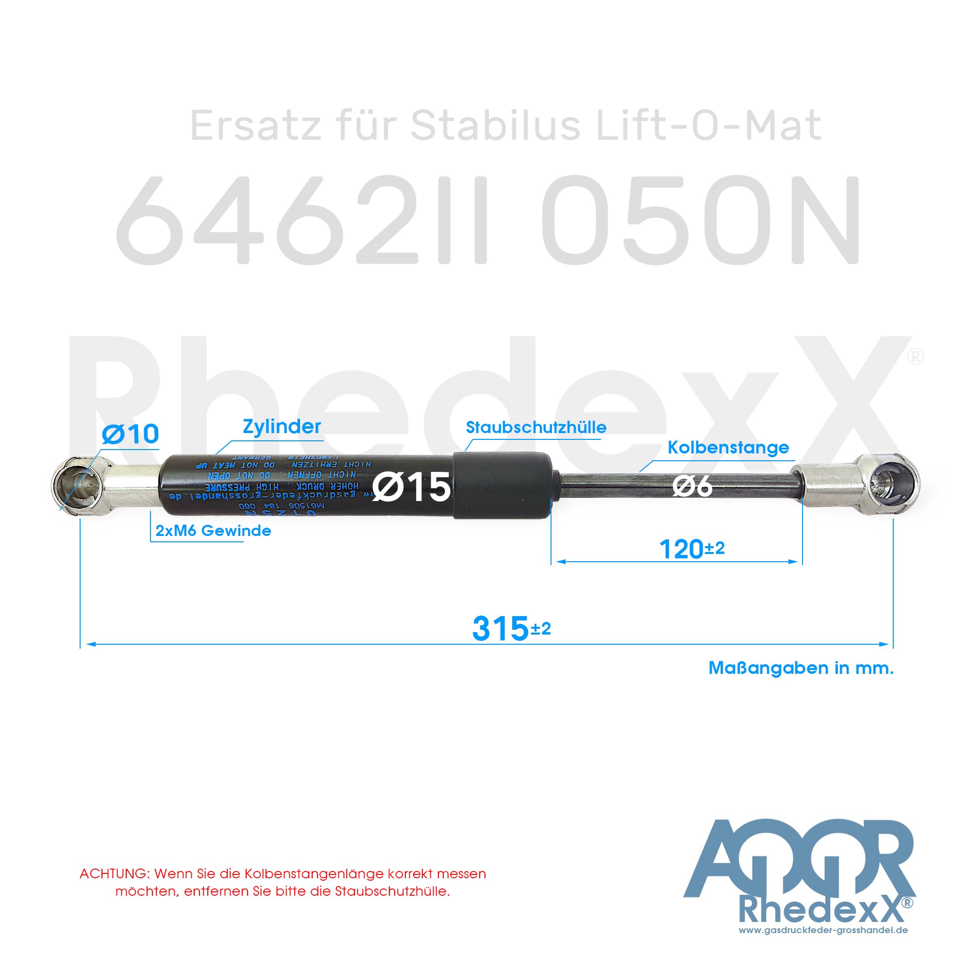 RhedexX Vérin à Gaz Plat Œillet M8 – 315 Mm / Course 120 Mm / 350 N – Ressort à Gaz Robuste Pour Meubles, Portes, Volets