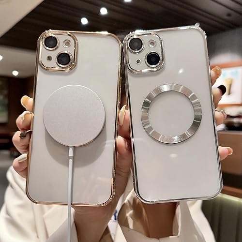 Miniatura 5 de Uioeua - Funda magnética transparente compatible con iPhone 13, revestimiento de lujo, brillante, transparente, a prueba de golpes, con protector