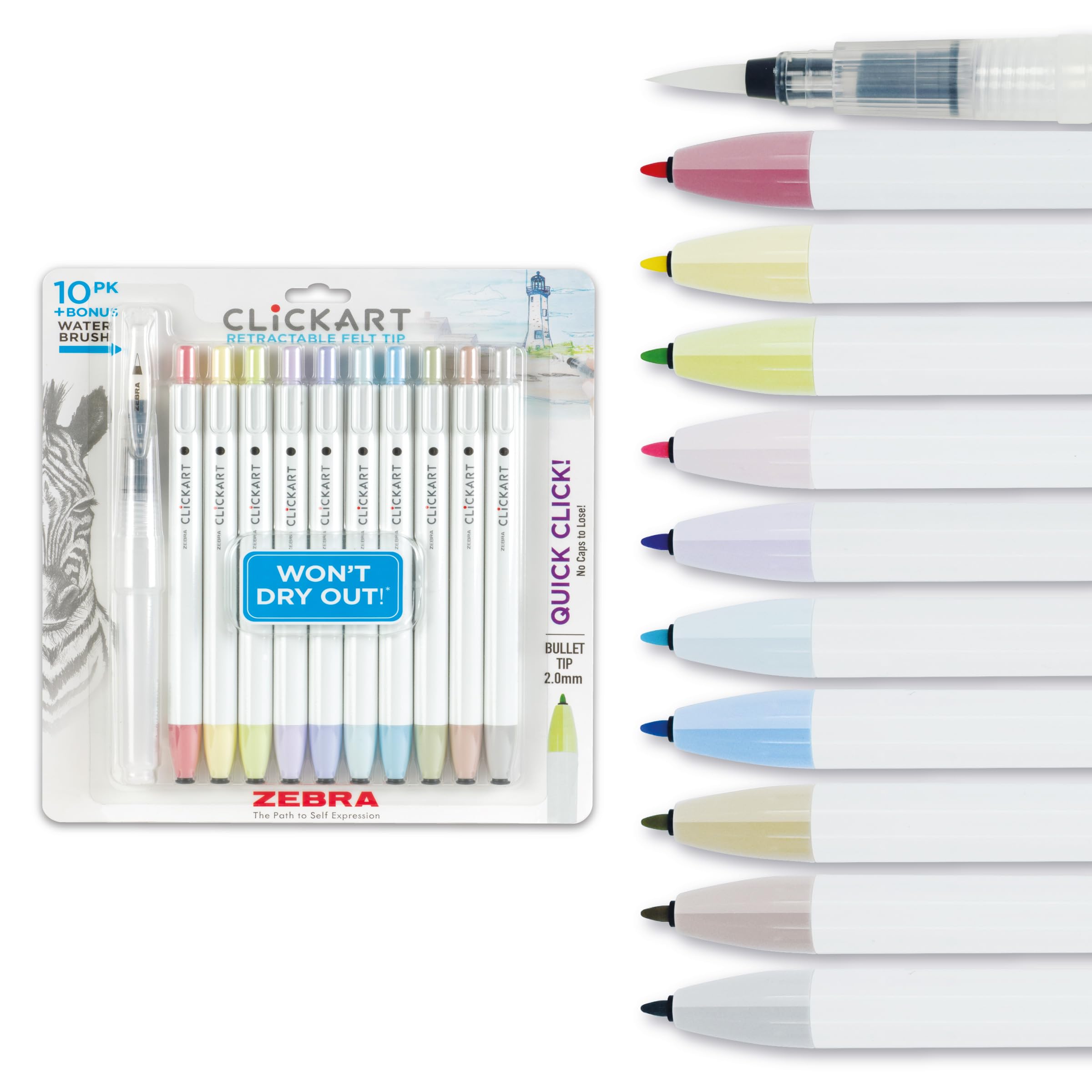 Zebra Pen CLiCKART - Rotulador retráctil de punta de fieltro, varios colores de tinta, punta fina de 0.6 mm, absorbe la humedad para evitar que se seque, ideal para diario y dibujo, paquete de 10 +
