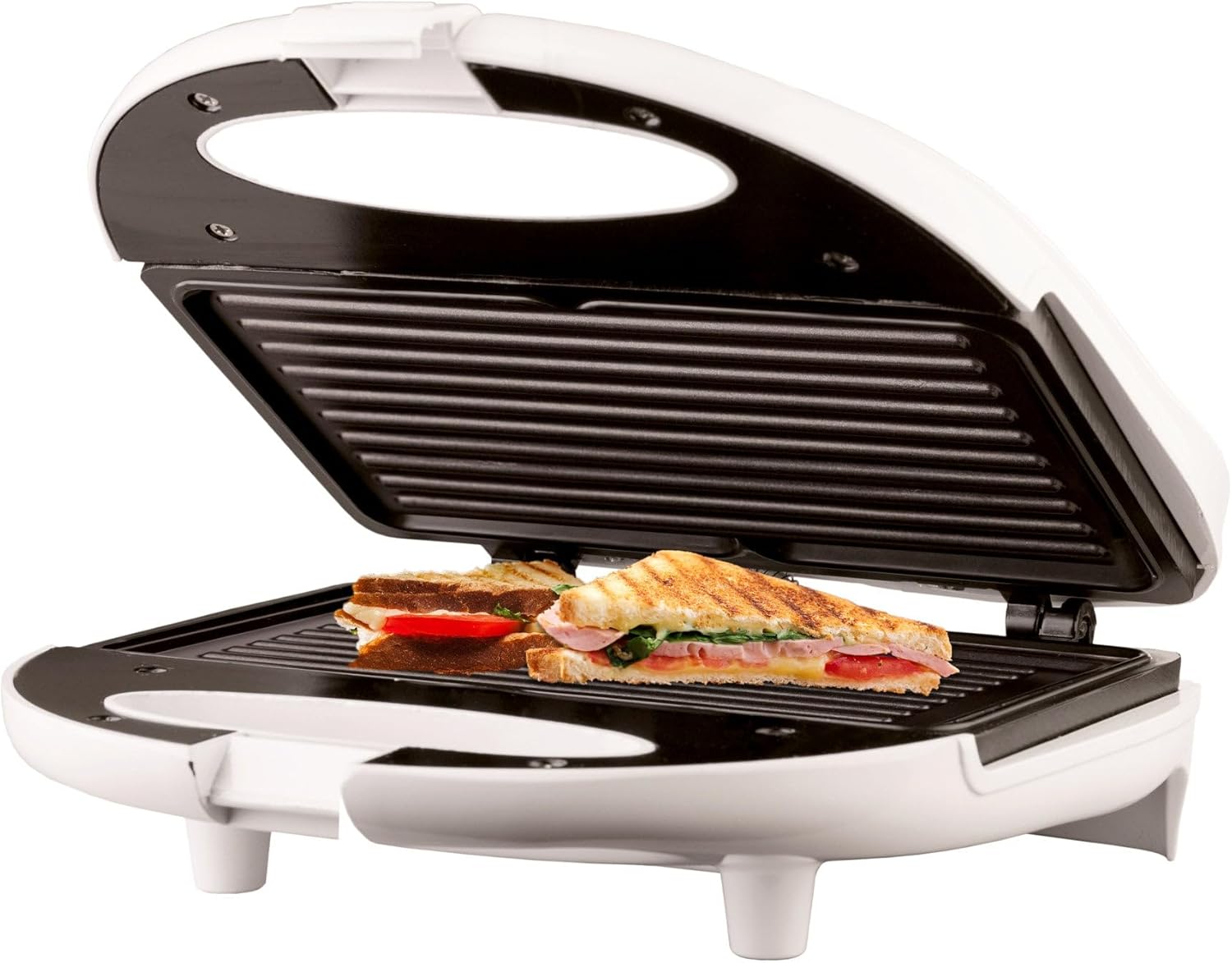 Non-Stick Panini Press and Sandwich Maker – 750W Compact Grill with Cool Touch Handles, Upright Storage & Indicator Lights – White Stainless Steel Finish