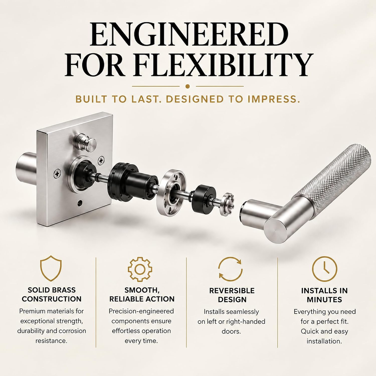 Premium Polished Privacy Door Handle with Lock for 1 3/8" - 2" Doors - Alternative to Door Knob with Lock - Reversible & Modern Interior Lever for Bedroom & Bathroom Doors - Brushed Nickel image 3