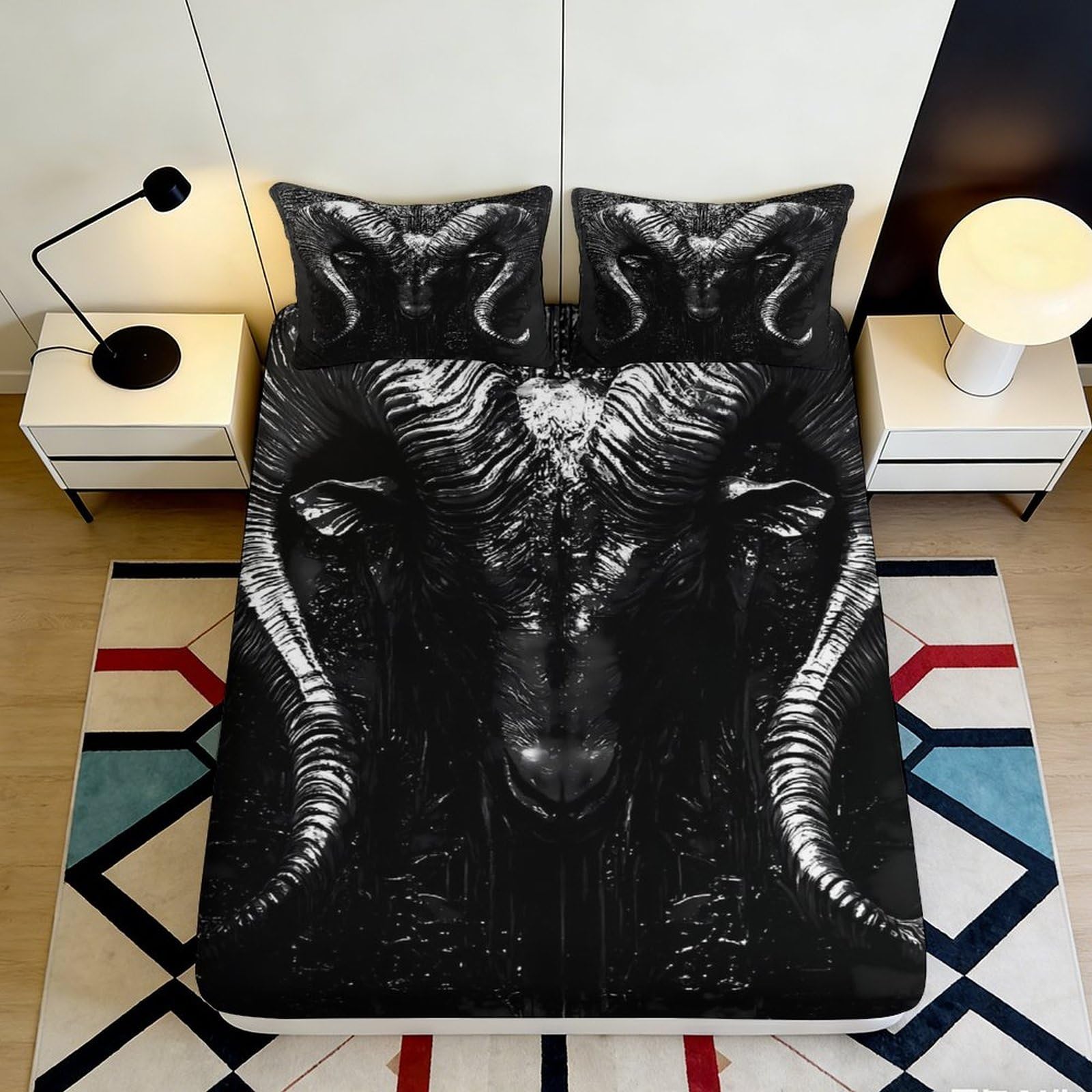 Jqzkxnhpbr Style-9 3D Printed Black Ram Fitted Sheet Microfiber Soft Breathable Goat Skull Bed Cover For Bedroom Dorm Decor 90X200x25cm
