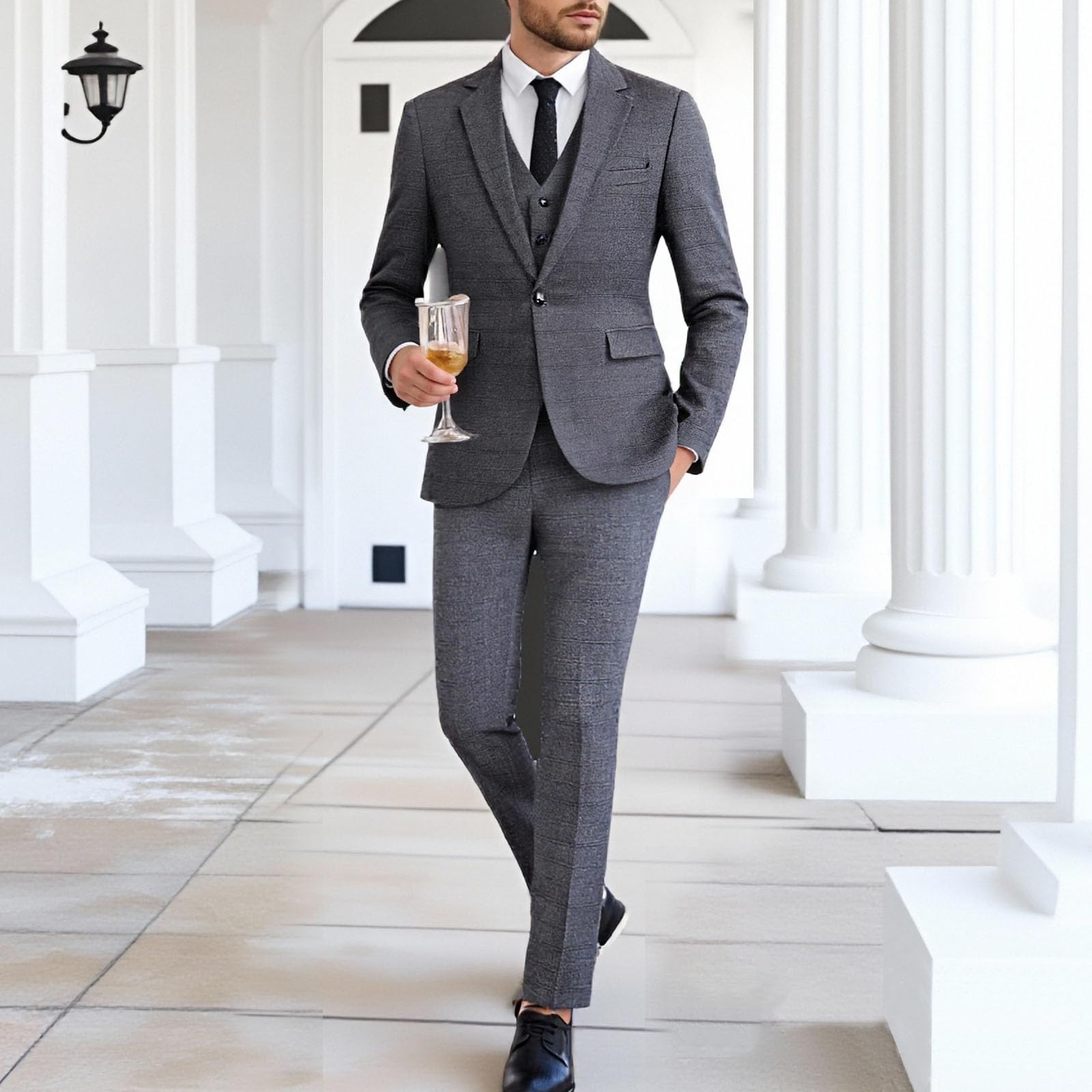 Completo da Uomo in Tweed gessato a 3 Pezzi, vestibilità Slim, con Un Bottone, Completo da Smoking