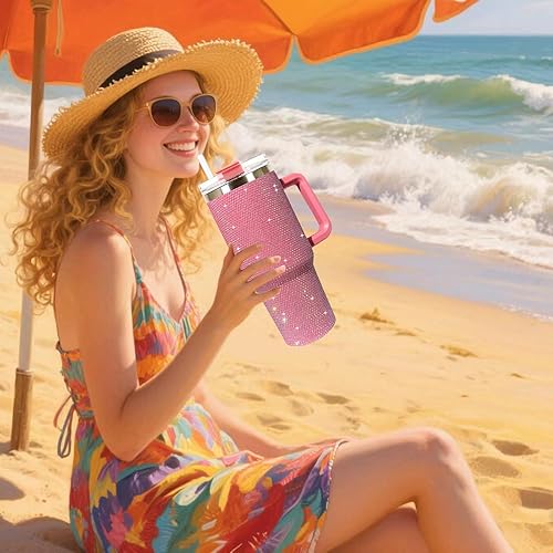 Miniatura 4 de Vaso brillante de 40 onzas con asa, vaso grande de diamantes de imitación con tapa, termo de acero inoxidable brillante, taza de viaje aislada al