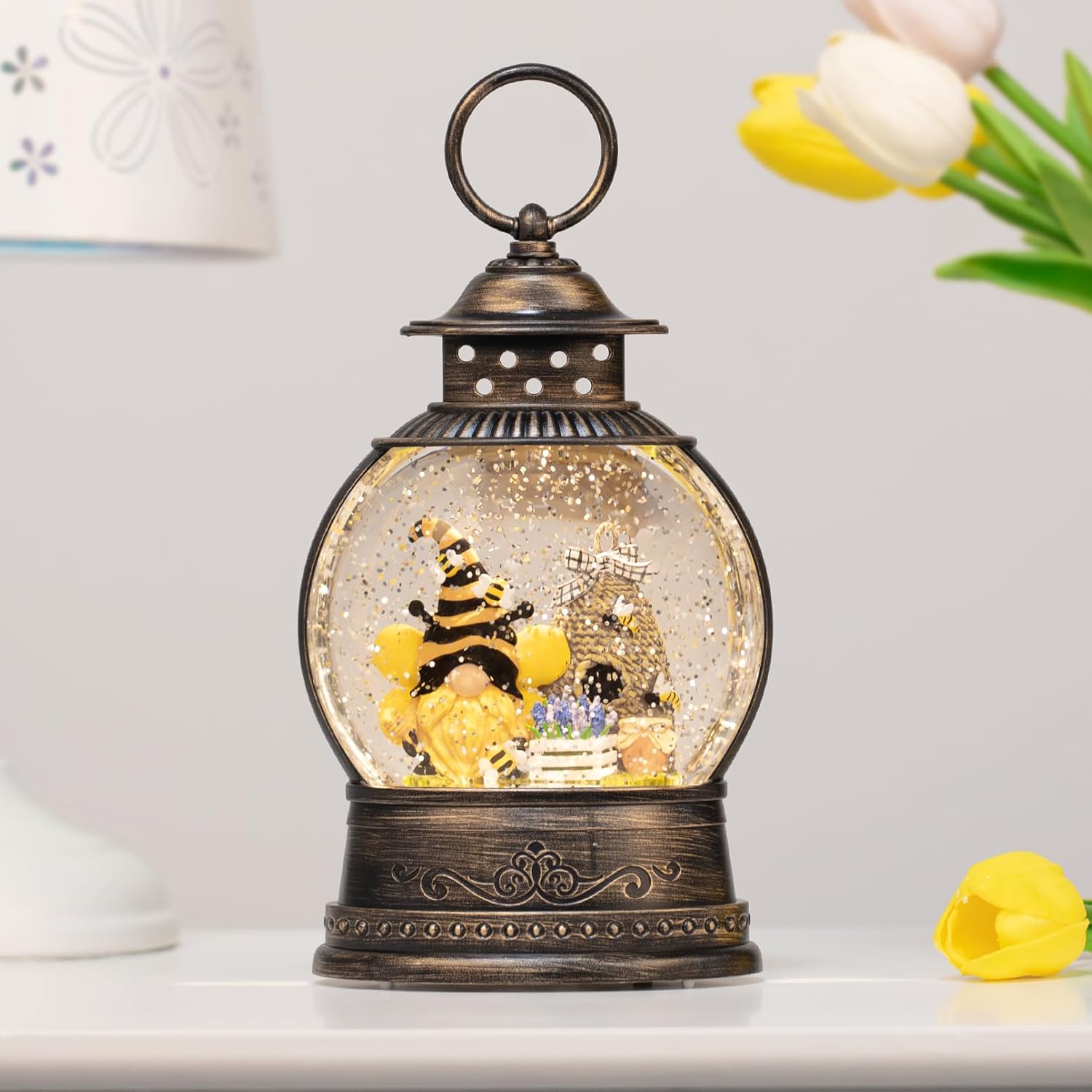 Easter Snow Globe Bee Hive Decor Spring Light Up Snow Globe 6H Timer Honey Bee Decorations for Spring Decor,Home Shelf Decor,Battery Operated & USB Operated