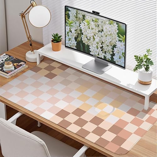 Miniatura 3 de Tapete de escritorio bohemio a cuadros, color beige, XXL, bohemio, retro, grande, con bordes cosidos, alfombrilla de mouse para computadora,