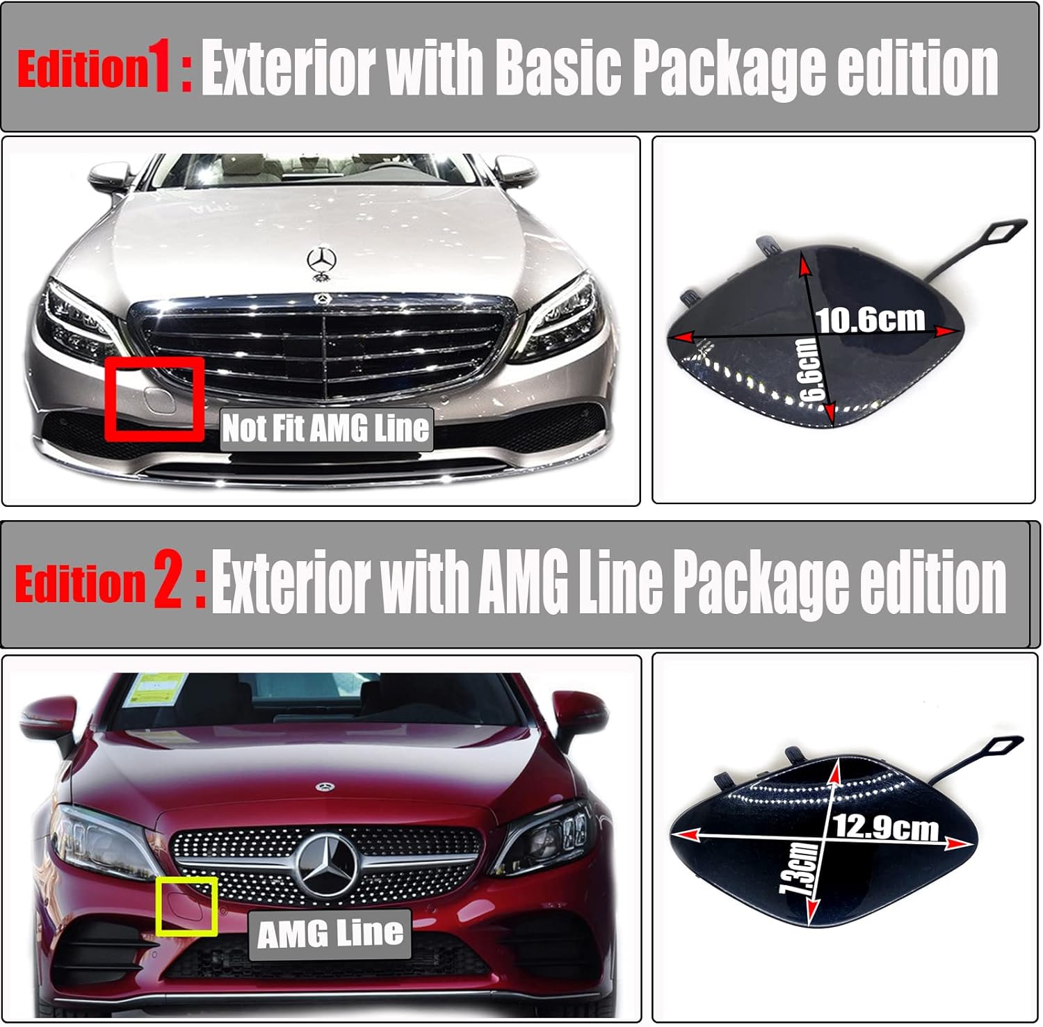 Front Tow Cover for 18-20 Mercedes Benz C V205 Fit C160 C180 C200 C250 C300 C350 C350e C400 C450 C63 Sedan Wagon 2018 2019 2020 Bumper Hook Eye Cap 2058851801