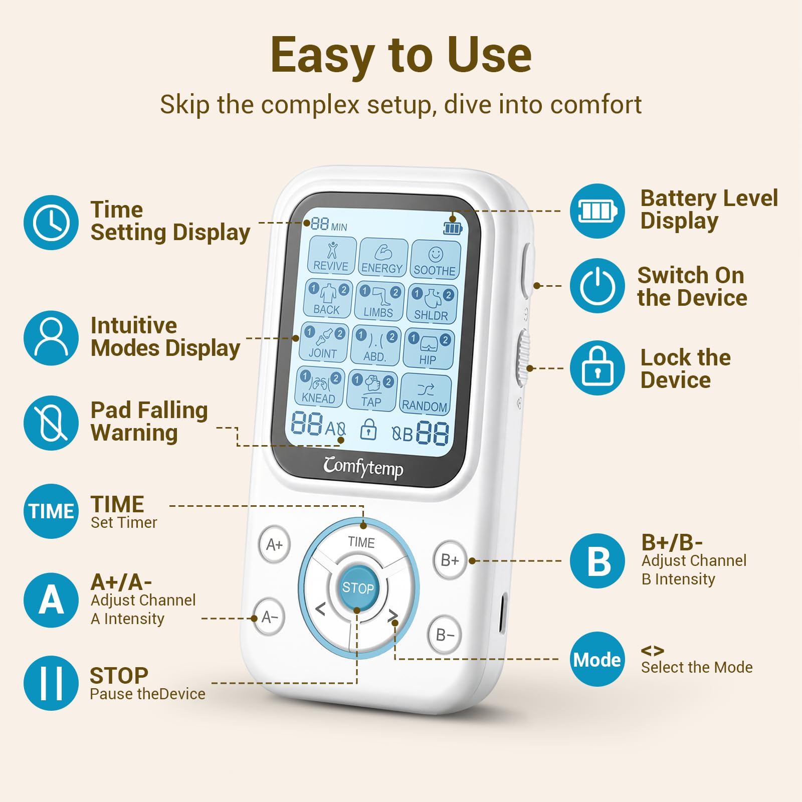 Comfytemp TENS Unit with Specialized Pads for Lower Back & Neck Shoulder Pain Relief, Easy-to-Use TENS Unit Muscle Stimulator with Large Display, Portable Dual Channel TENS Machine with Carrying Case — Amazon image 7
