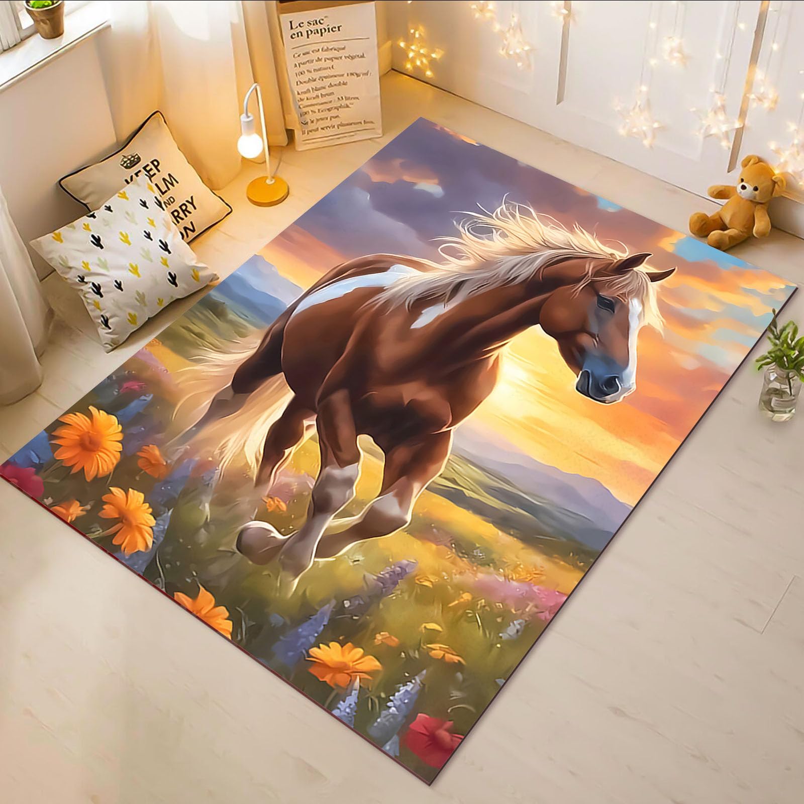 Tapis de salon motif cheval marron 160 x 230 cm décoration animalière