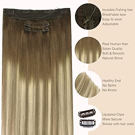 GOO GOO Wire Hair Extensions Human Hair, 3/8/613 Walnut Brown with Ash Brown and Bleach Blonde Balayage 12inch 100g, Invisible Wire Hair Extensions with Transparent, Seamless Fish Line Hairpiece