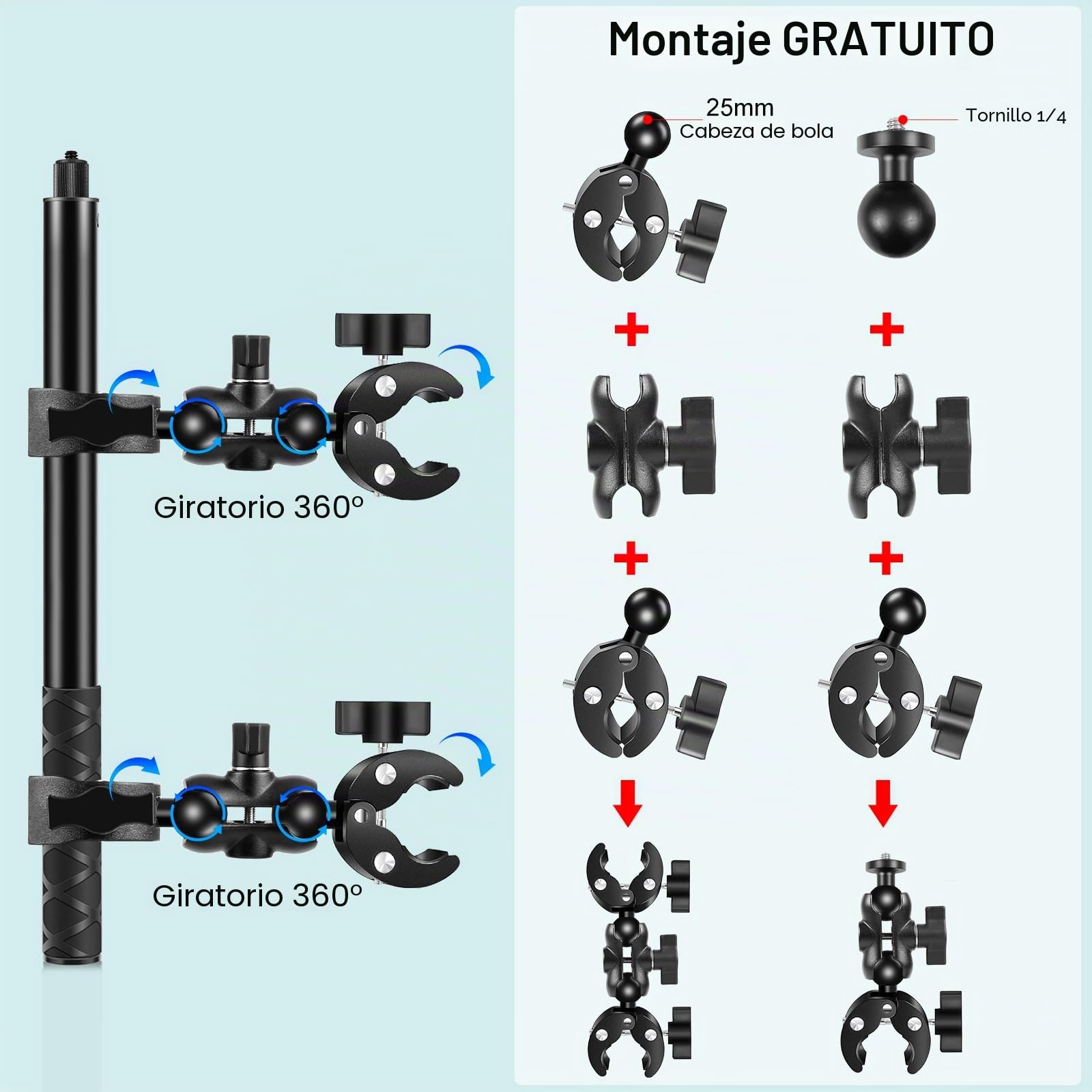 PULUZ Insta 360 motocicleta Kit de montaje 150 cm, Insta 360 montaje en tercera persona, motocicleta invisible selfie Stick Mount con 2 Super Abrazadera para Insta360 X5X4 X3 X2 one RS R ace