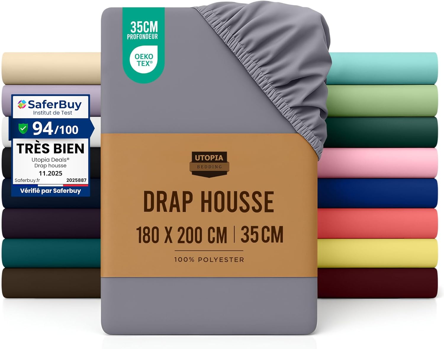 Drap Housse Gris 180x200cm Microfibre Oeko-Tex Bonnets 35cm