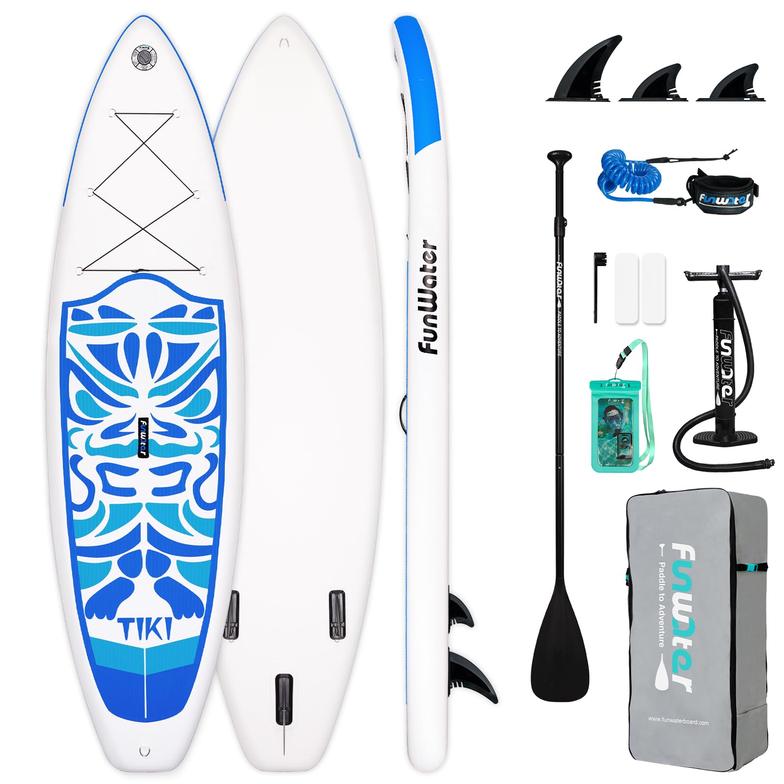 FunWater Stand Up Paddling Board nadmuchiwana deska SUP 320cm z wiosłem, plecakiem, pompką, footrope (Niebieski)