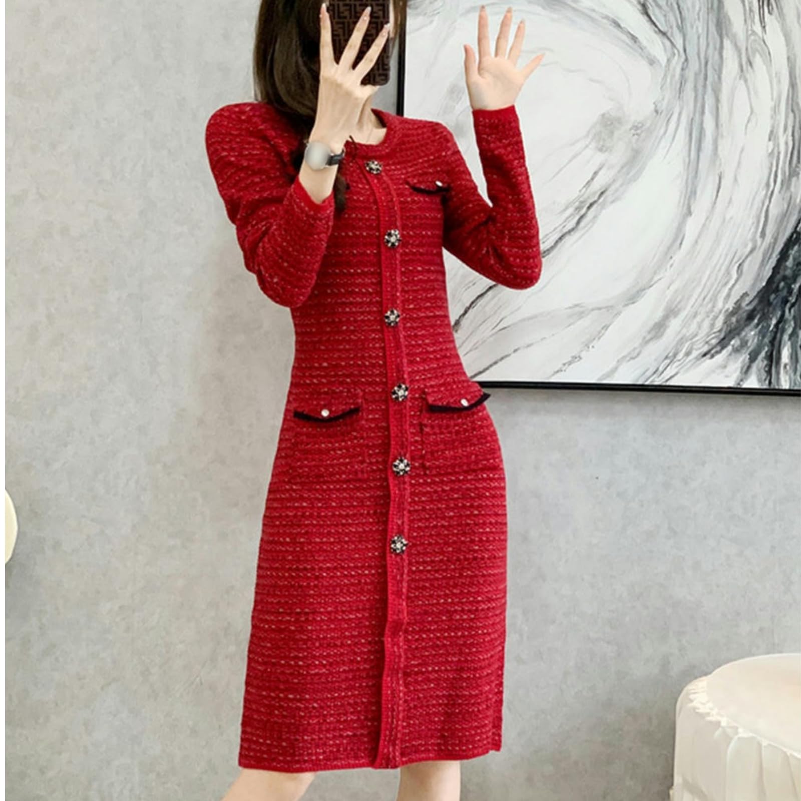 Vestito Donna Autunno Abito da Donna Autunno E Inverno Abito Rosso in Maglione Scozzese A Maniche Lunghe con Scollo Rotondo E Fondo Aderente-Rosso-m