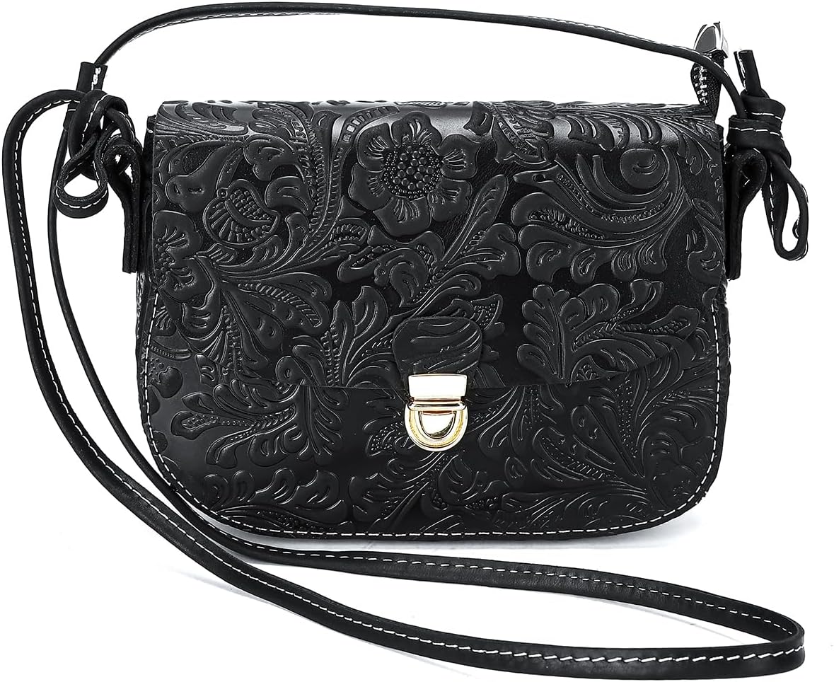 MASIWEI Genuine Leather Womens Purse Small Crossbody Bag for Women Floral Embossed Shoulder Handbags for Commute Travel