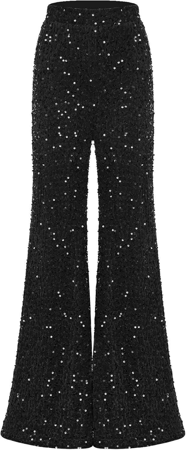 Yhong Sequin Pants for Women Glitter Bell Bottom Trousers High Waist Flared Trousers Nightclub Clubwear