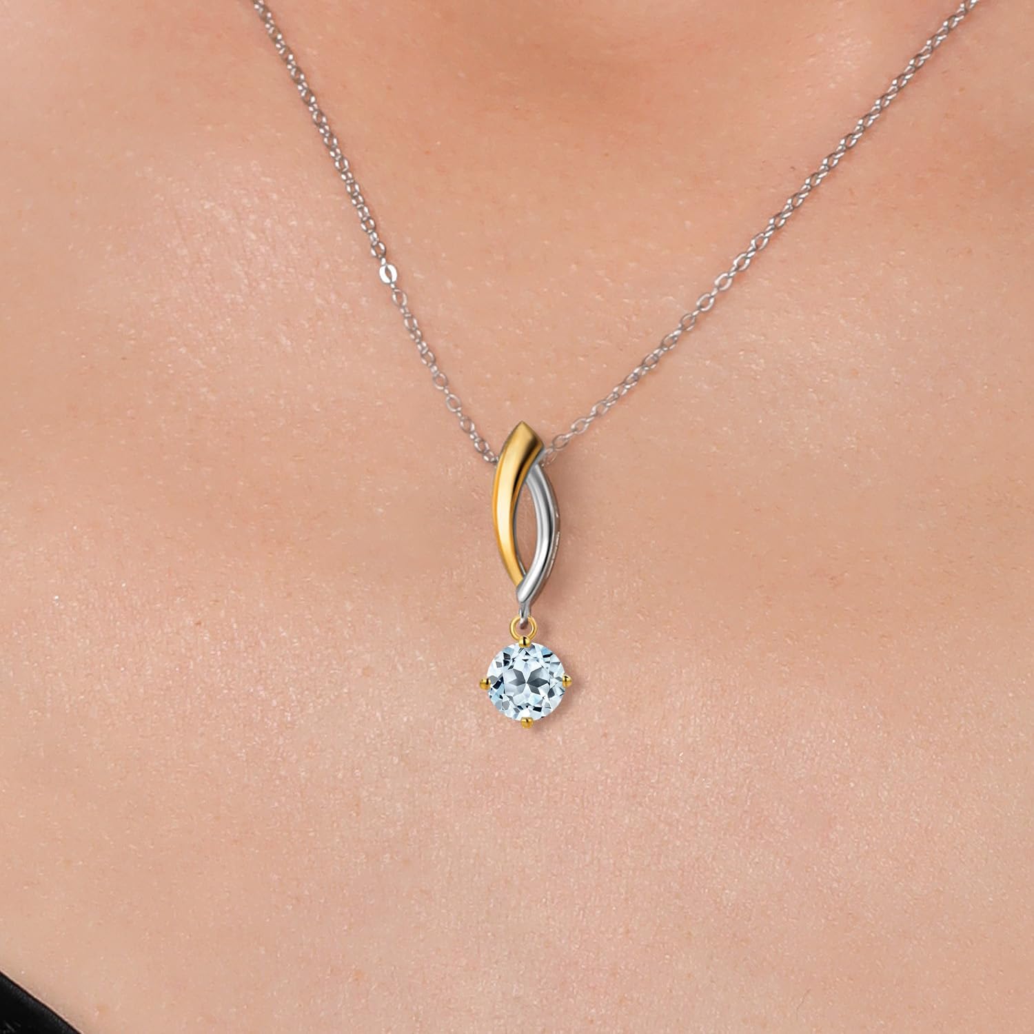 Gem Stone King 925 Silver and 10K Yellow Gold Sky Blue Topaz Pendant Necklace for Women | 0.70 Cttw | Gemstone November Birthstone | Round 5MM | With 18 Inch Silver Chain - Image 3