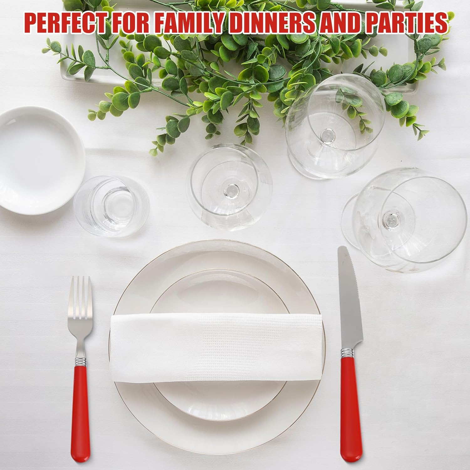 Sabary 40 Pcs Handle Silverware Stainless Steel Sets for 8 Flatware Cutlery with Colored Handles 8 Dinner Knife, 8 Dinner Fork, 8 Salad Fork, 8 Dinner Spoon, 8 Dessert Spoon for Home(Red)