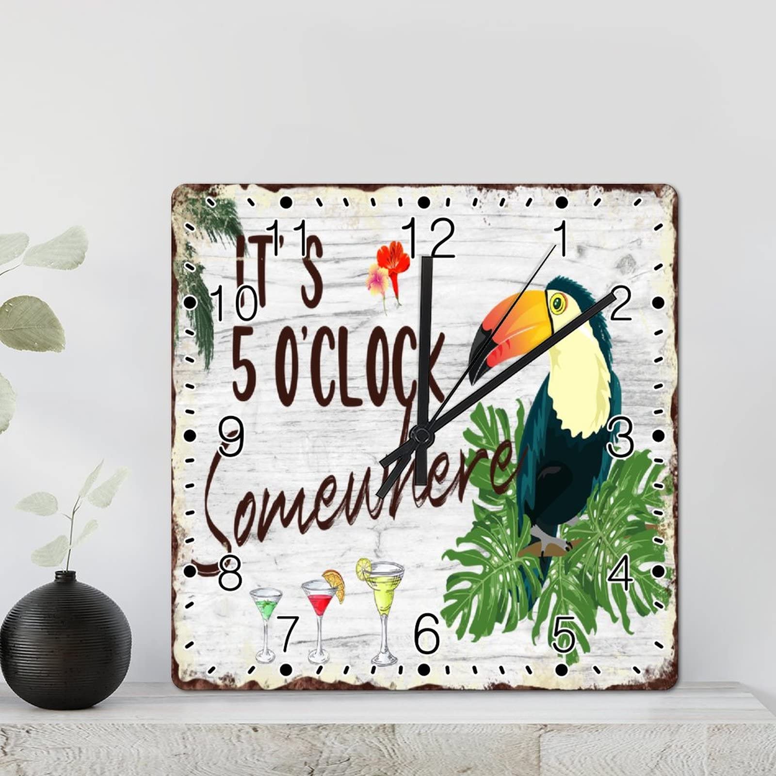 Horloge murale carrée perroquets 30 cm pile style rustique