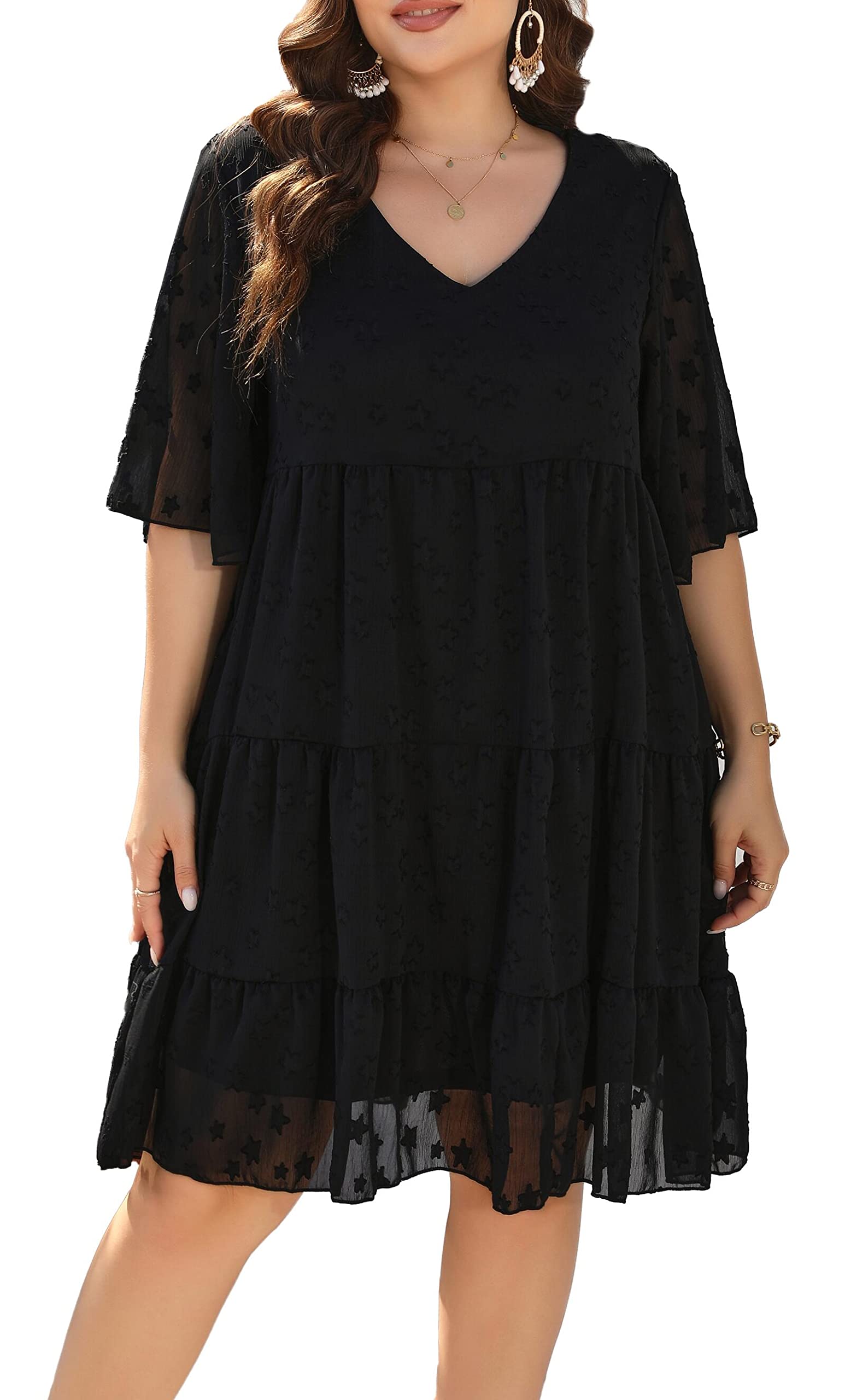 Photo 1 of Women Plus Size Summer Beach Dress V Neck Short Sleeve Loose fit Flowy Party Sun Dress Black 4X