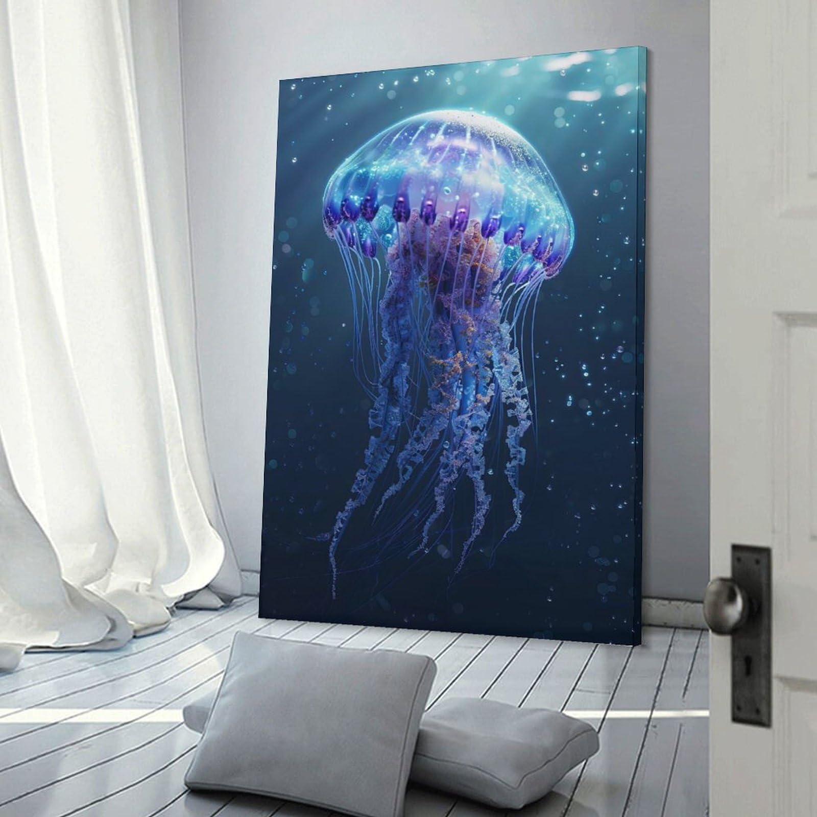 Junmoney Jellyfish Sea Hanging Wall Art, 08x12inch(20x30cm), for Bedroom, Guest Room Or Reading Nook, Home Artwork with A Soft Interior Feel