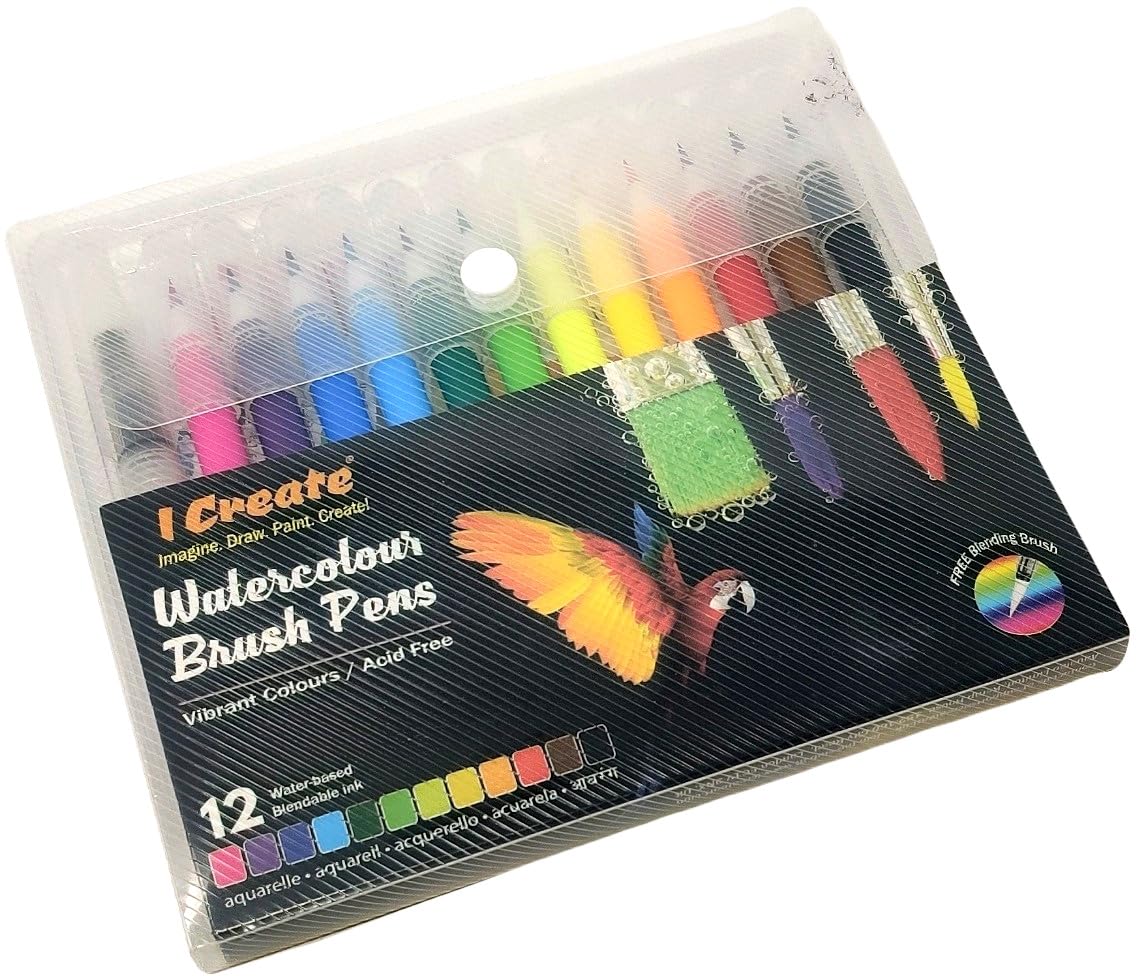 I Create - Rotuladores de acuarela | 12 colores vibrantes en un estuche de viaje | puntas de pincel de nailon flexible | Brocha de mezcla gratis