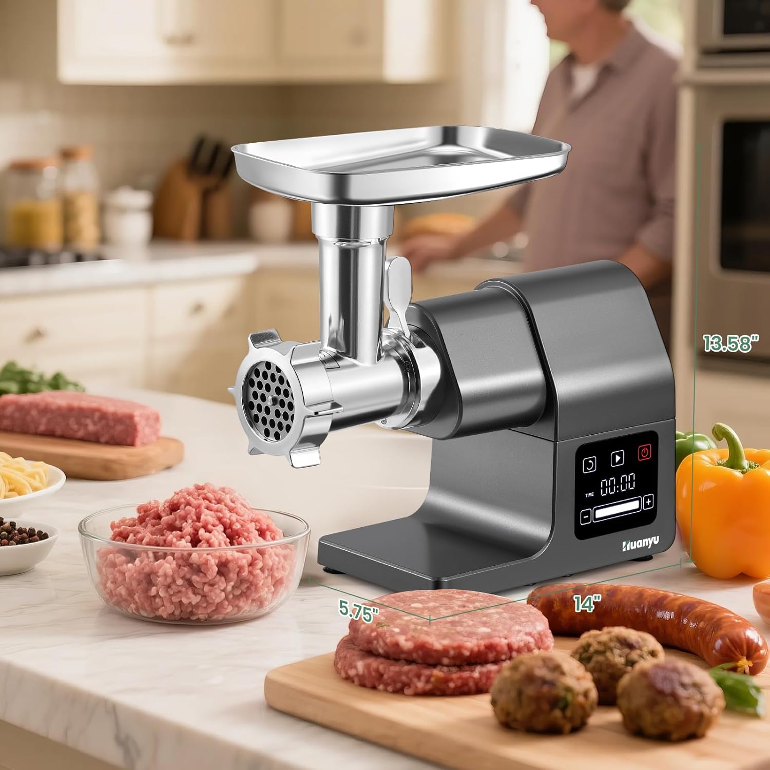 Huanyu Electric Meat Grinder 2000W Max Power Heavy Duty, Ice Shaver and Veggie Shredder with Touchscreen, 2 Blades, 3 Plates, Sausage Tubes and Kubbe Kit #10 Outlet for Home Use