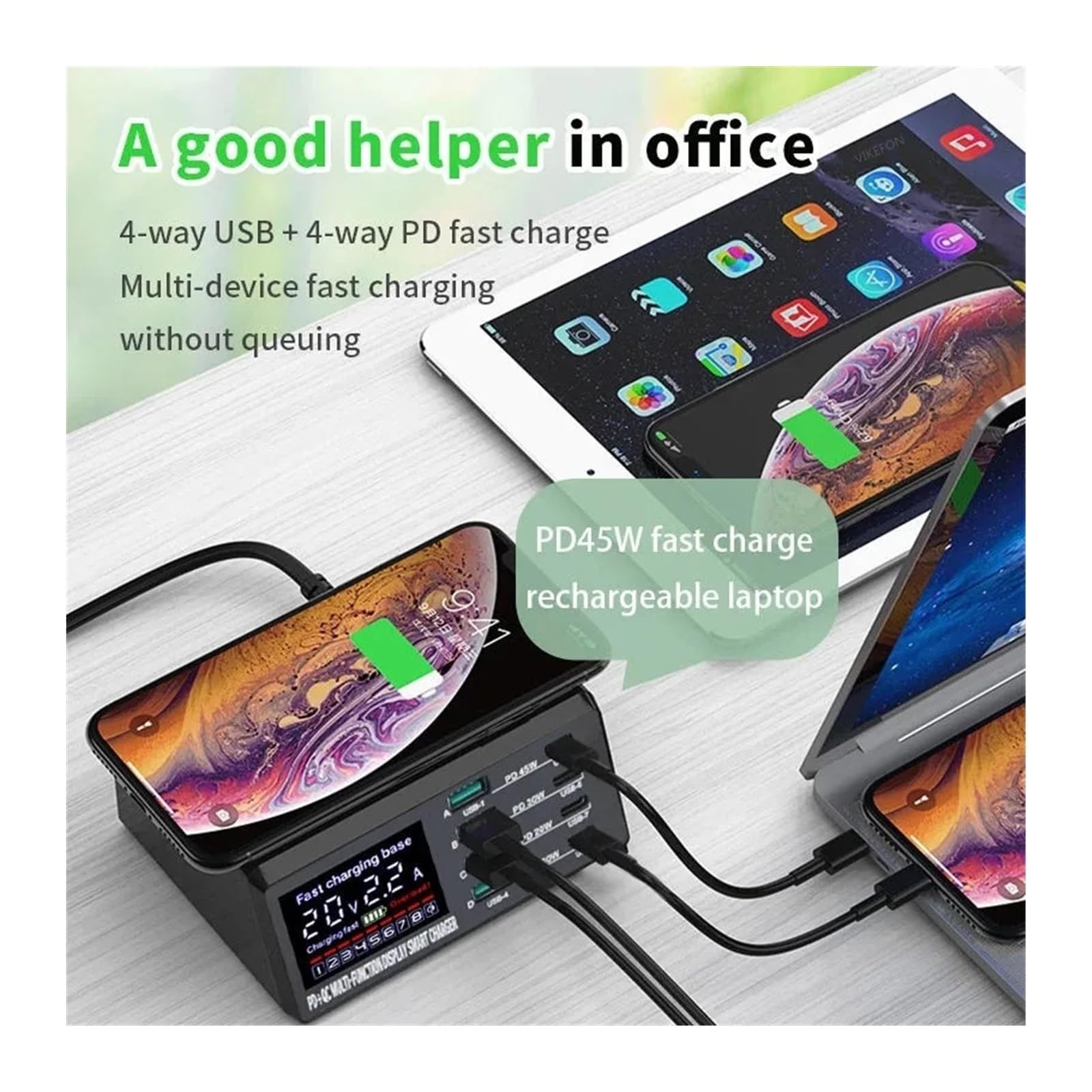 Rapide Chargeur, Chargeur sans Fil W, 8 Ports USB, Station de Charge Rapide QC3.0 PD3.0,Chargeur USB Voyage/Haute Vitesse
