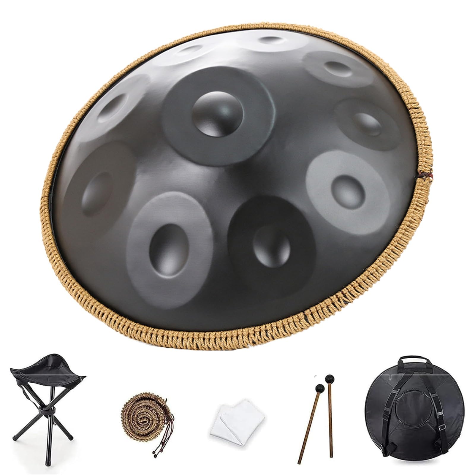XNZJHPP D Minor Handpan Drum - 22 Steel Percussion Instrument with Carry Bag & 2 Mallets for Music Therapy, Meditation, Yoga, Relaxation, and Stress Relief (Black 432Hz)