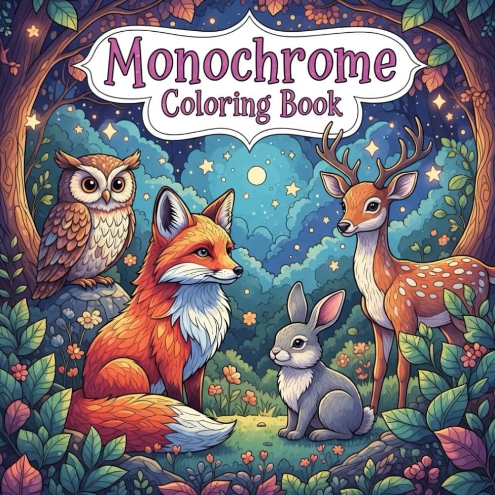 Monochrome Coloring Book: Whimsical Animals for Adults: Playful Black-and-White Creatures and Magical Scenes for Stress Relief & Creative Relaxation