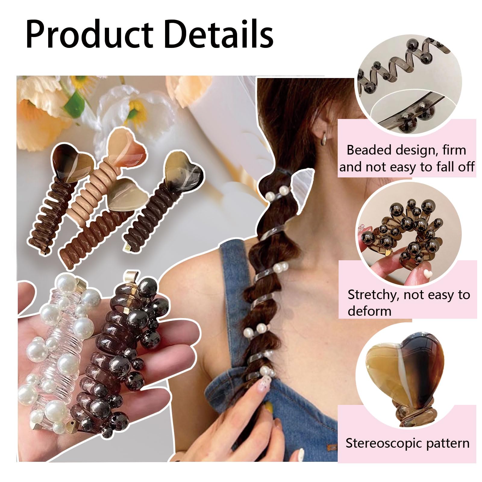 7 Pieces Colorful Telephone Wire Hair Bands, Elegant Pearl Heart Shape Spiral Hair Ties Ponytail Holders - Image 3
