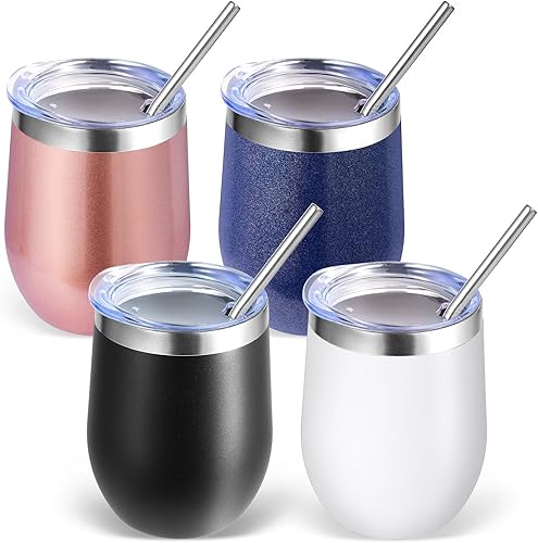 Miniatura 30 de Volhoply - Juego de 12 vasos de vino de 12 onzas con tapa, hechos de acero inoxidable con aislamiento al vacío de doble pared, vasos de vino sin