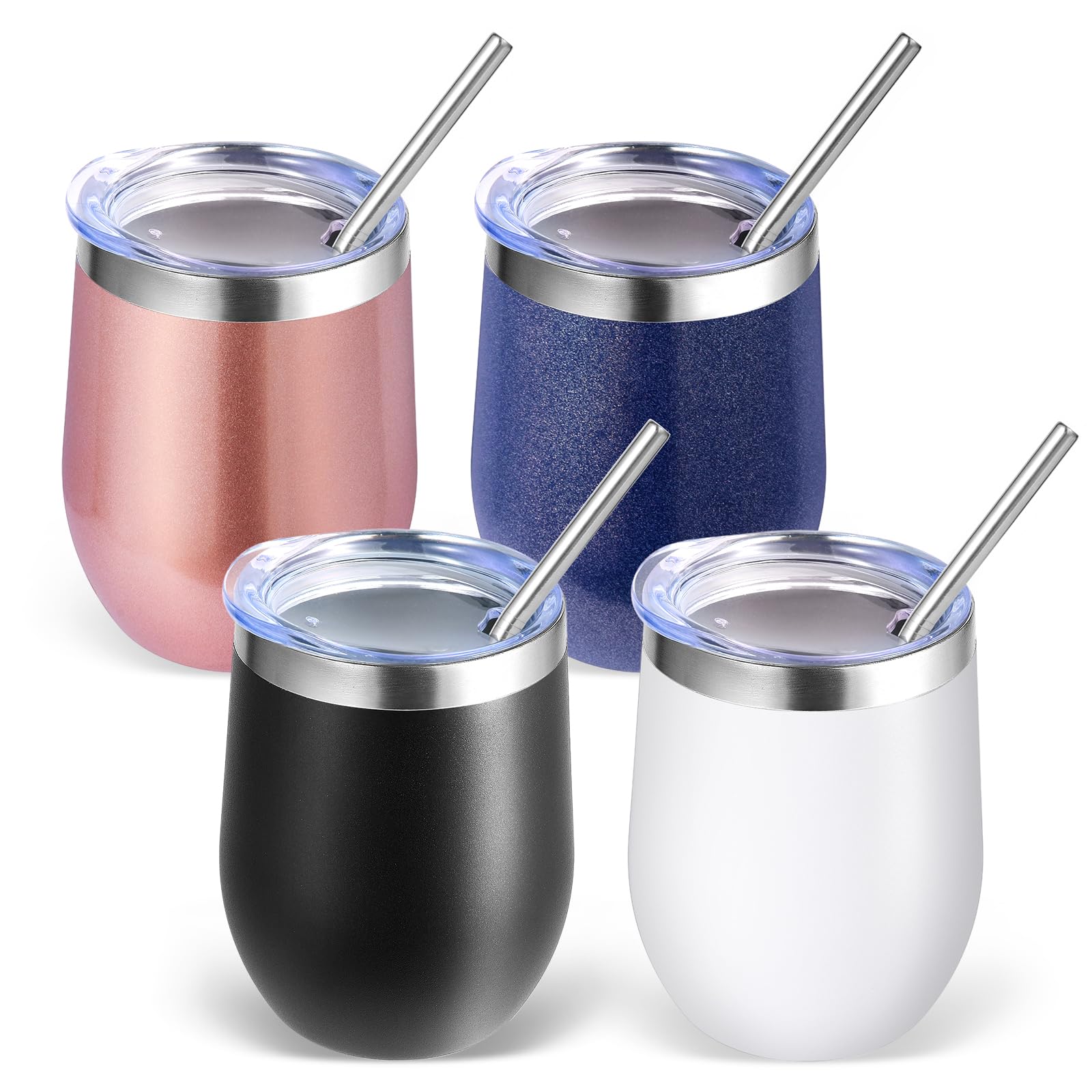 Volhoply Vaso de vino de acero inoxidable de 12 onzas con tapa a granel, paquete de 4, 350ml copas de vino sin tallo de doble pared al vacío, taza de café de viaje de metal con pajita, taza aislada