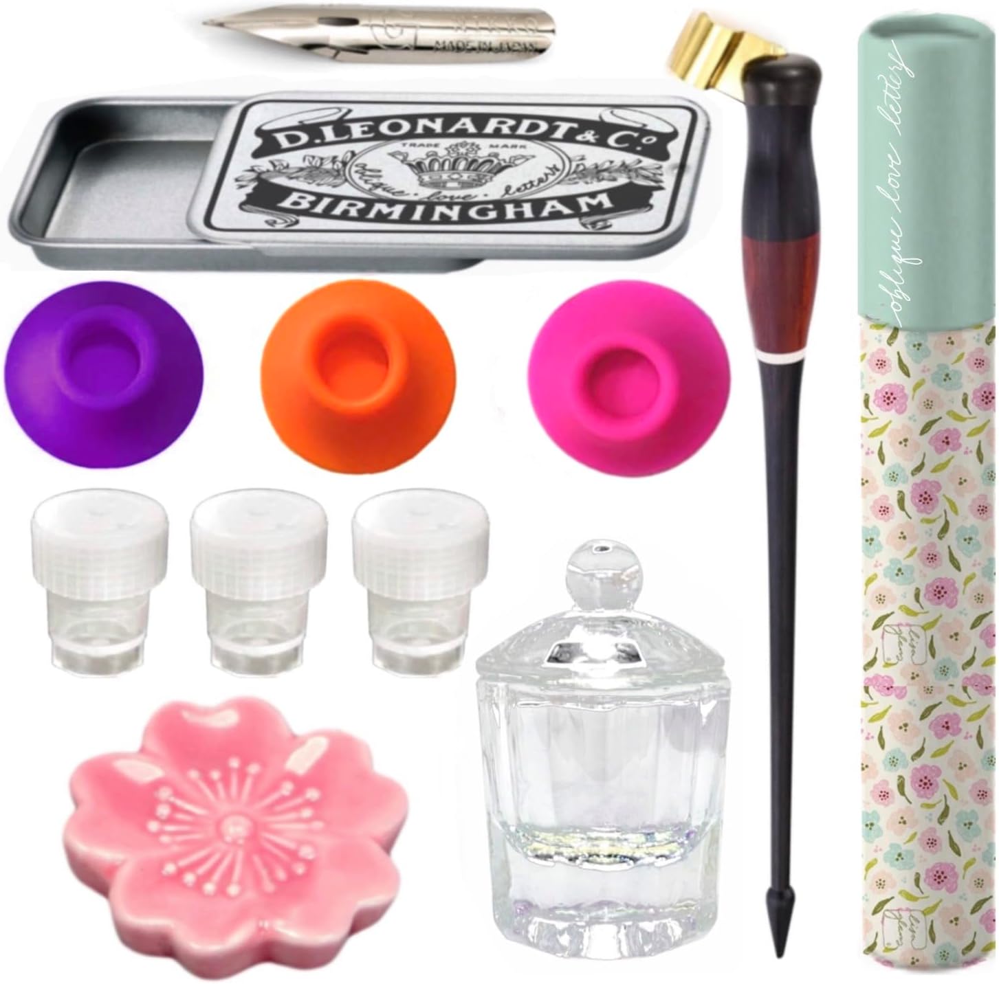 Oblique Calligraphy Pen Holder Set – Hand-Adjusted Brass Flange, Ergonomic Dip Pen, Leakproof Inkwell, Ceramic Pen Rest & Instruction Guide – Ideal for Copperplate, Spencerian & Modern Calligraphy