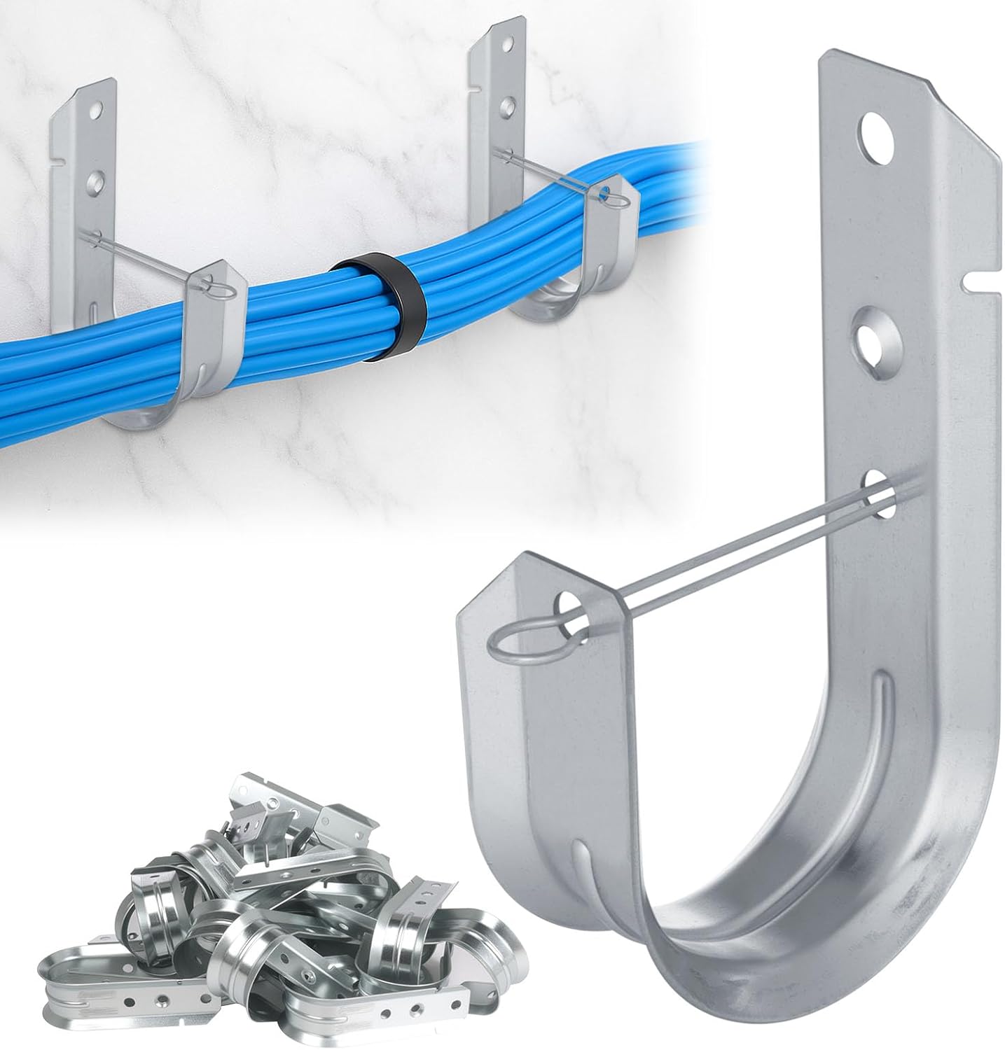 100 Pcs 2" Galvanized Steel J-Hooks, Heavy Duty Wall Mount Cable Support J Hook with Retainer Clip for Cable Management