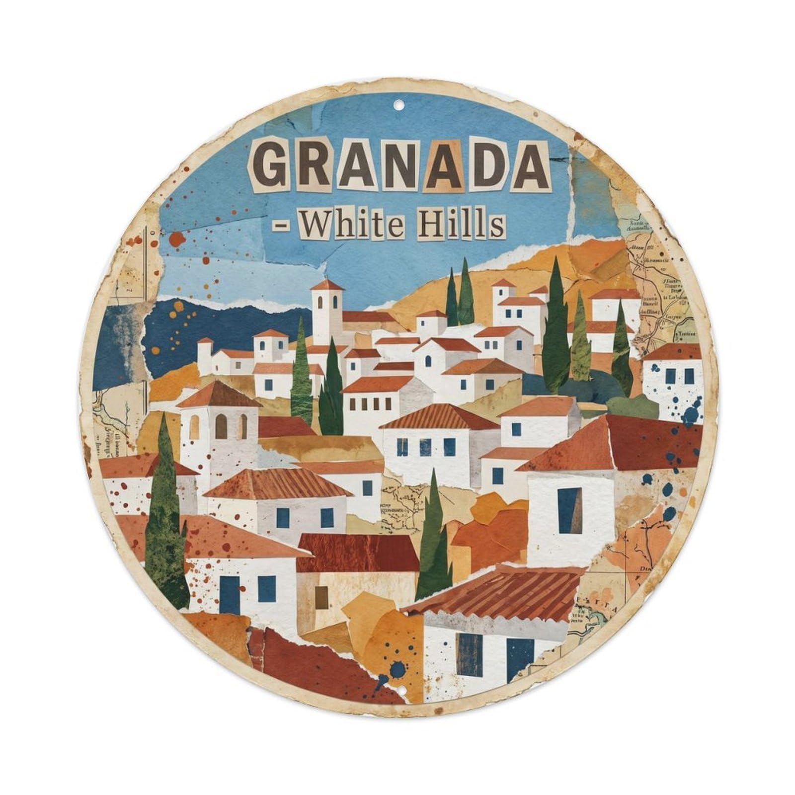 Granada White District Spain Vintage Cityscape Moorish Heritage Metal Tin Sign Plaque Wall Decor for Cafe, Man Cave, Club Bar, Office, Home Garden Round Metal Poster 8x8Inch