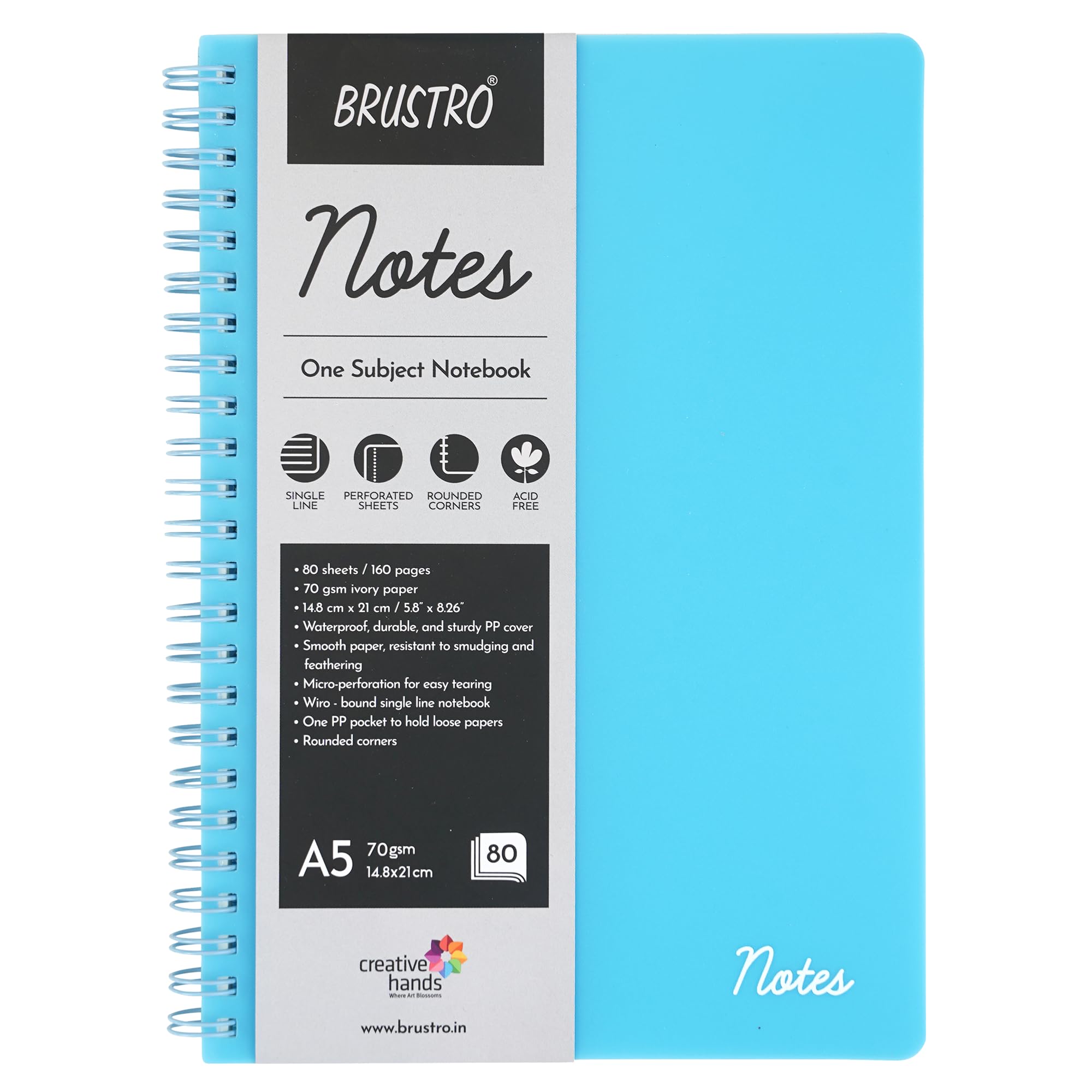 Brustro Notes A5 Size, 1 Subject Ruled Notebook, 80 Sheets / 160 Pages, 70 GSM Ivory Paper, Aqua Cover, Wiro Bound Design, Rounded Corners, Micro-Perforated Sheets with One Convenient PP Pocket