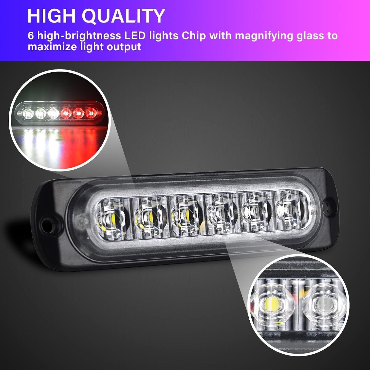 RIGIDON 2 Pack LED Emergency Strobe 6 LED Red White Surface Mount Flashing Strobe Lights for trucks Car Grille Off-road Warning Emergency Flashing Lights