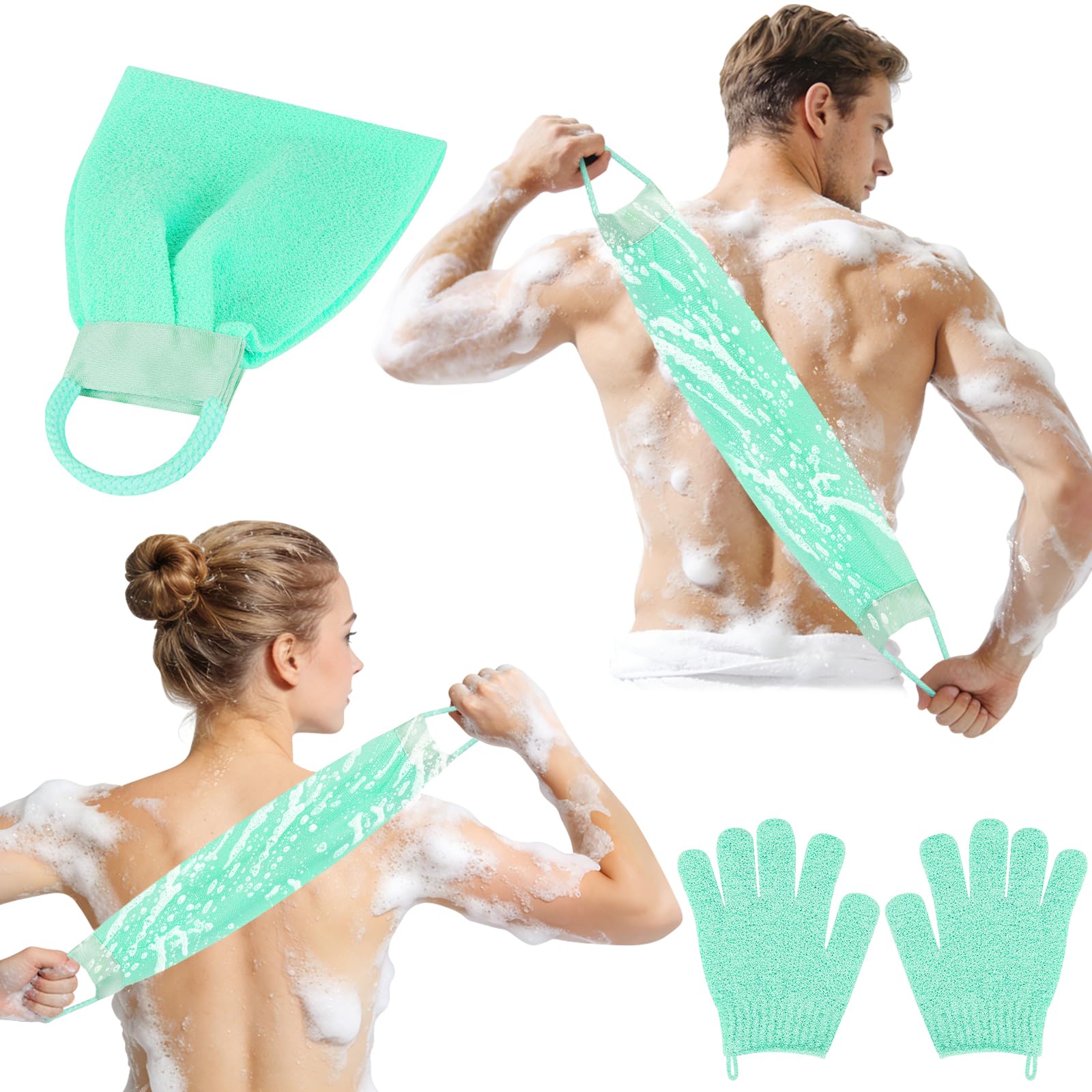 Set Guanto Scrub Corpo, 2 Guanti Esfolianti e 1 Scrubber per la Schiena, Panno Esfoliante Corpo Asciugamani Esfolianti per il Corpo Unisex, Guanti Esfolianti per Esfoliante/Doccia/Spa (Verde)